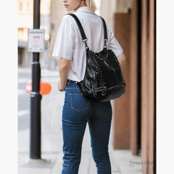 Large Convertible Backpack Purse with Rivet Studs, Waterproof Faux Leather